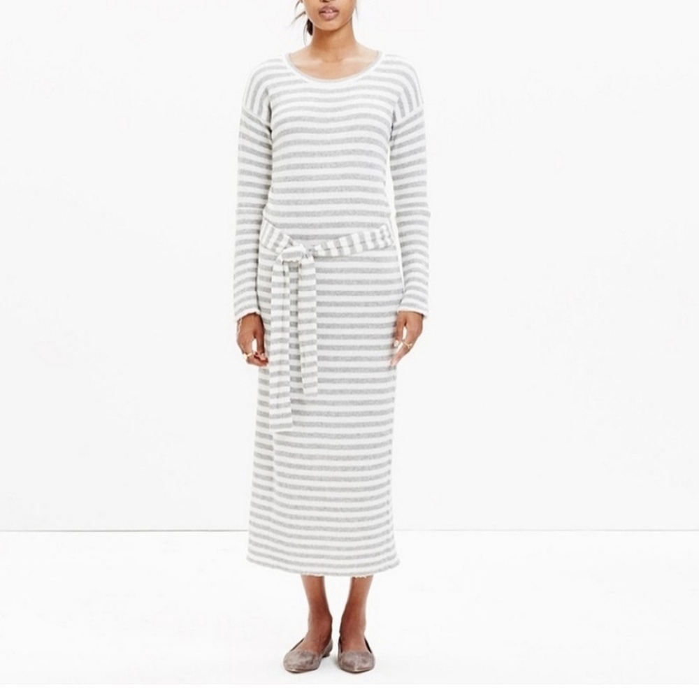 Madewell Gray Striped Knit Tie Sweater Dress